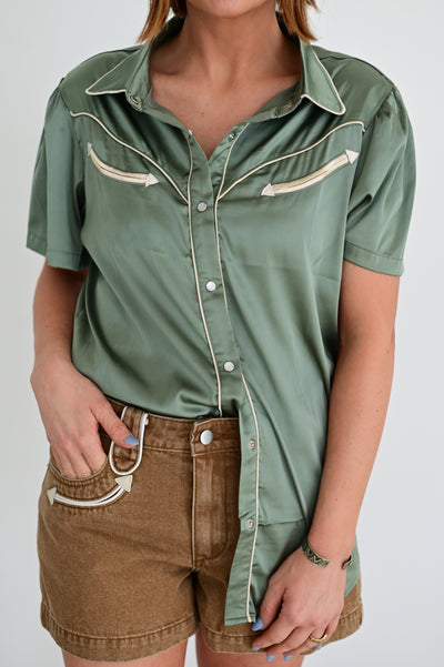 Deep Satin Blouse - Sage