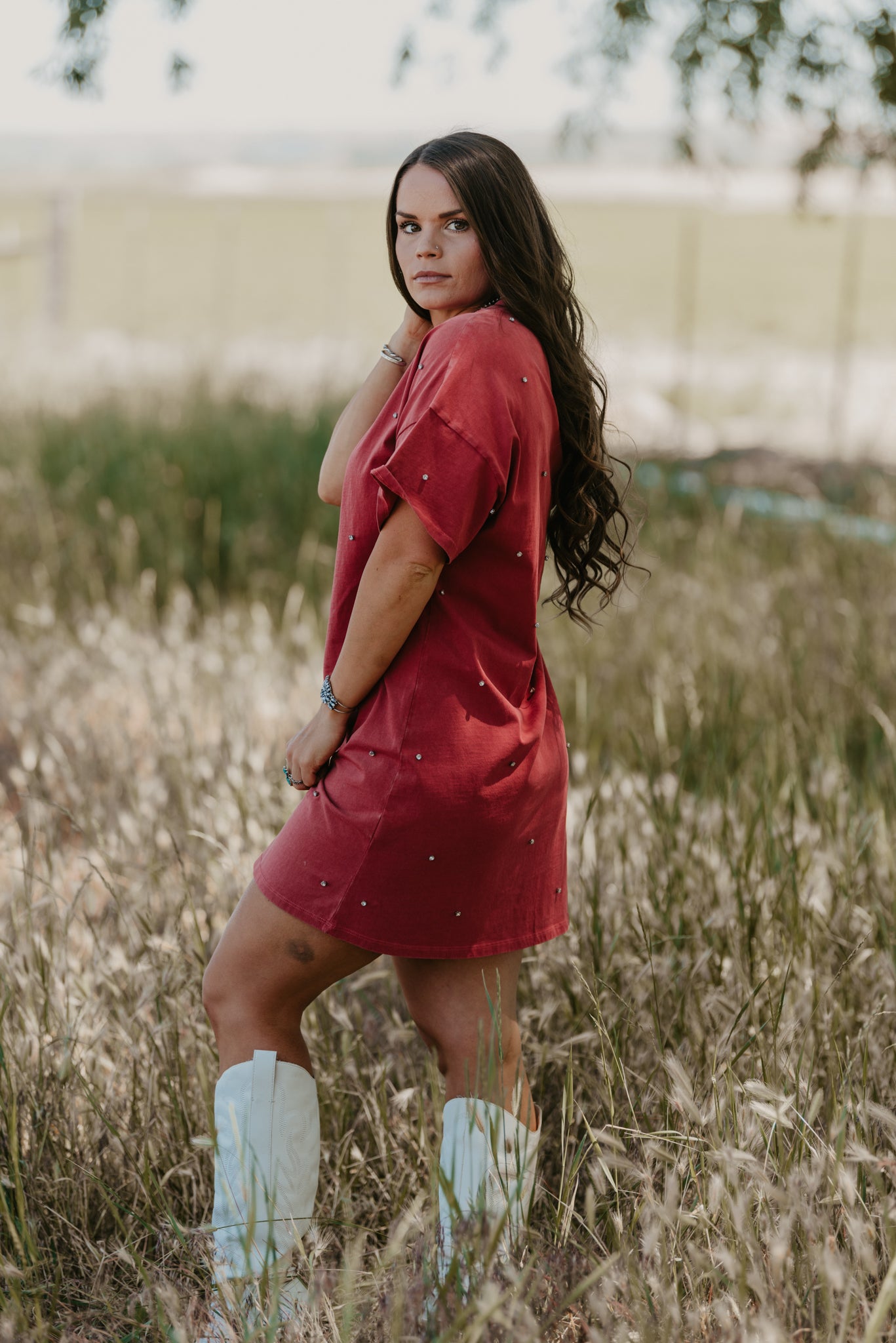 Rhinestone Cowboy T-Shirt Dress - Red