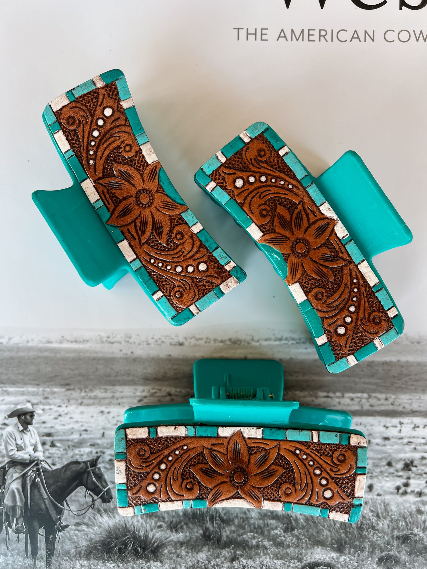 Turquoise Chunk Leather Claw Clip