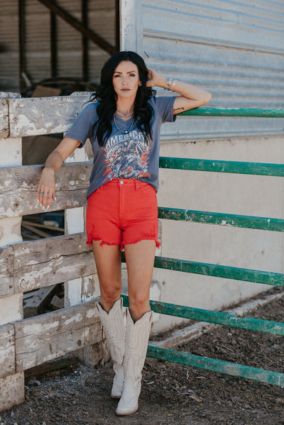 The Fiesta Red Distressed Denim Shorts