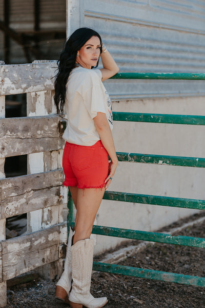 The Fiesta Red Distressed Denim Shorts