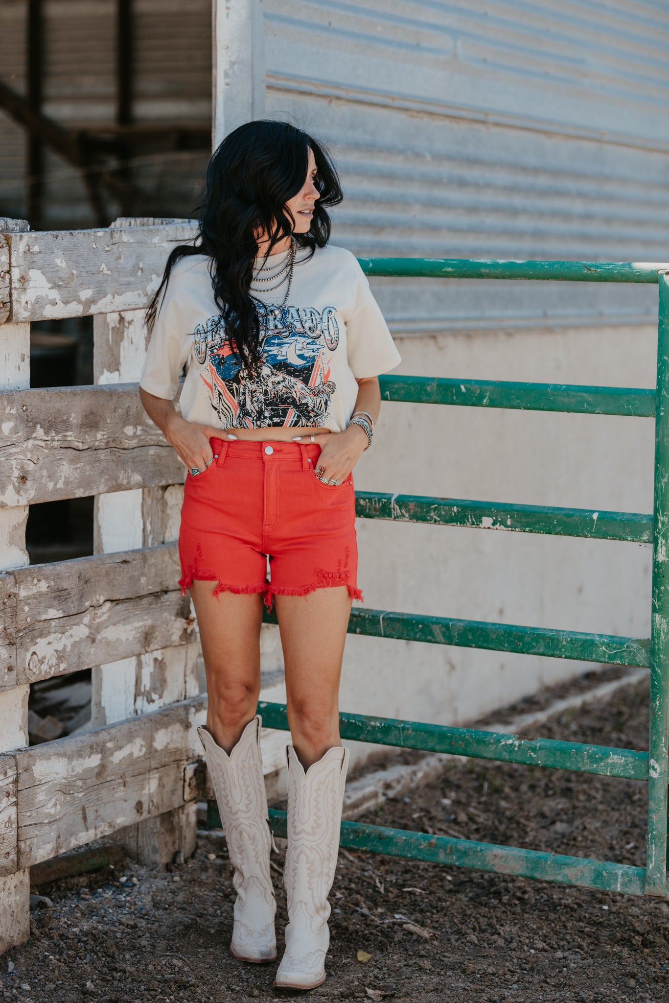 The Fiesta Red Distressed Denim Shorts