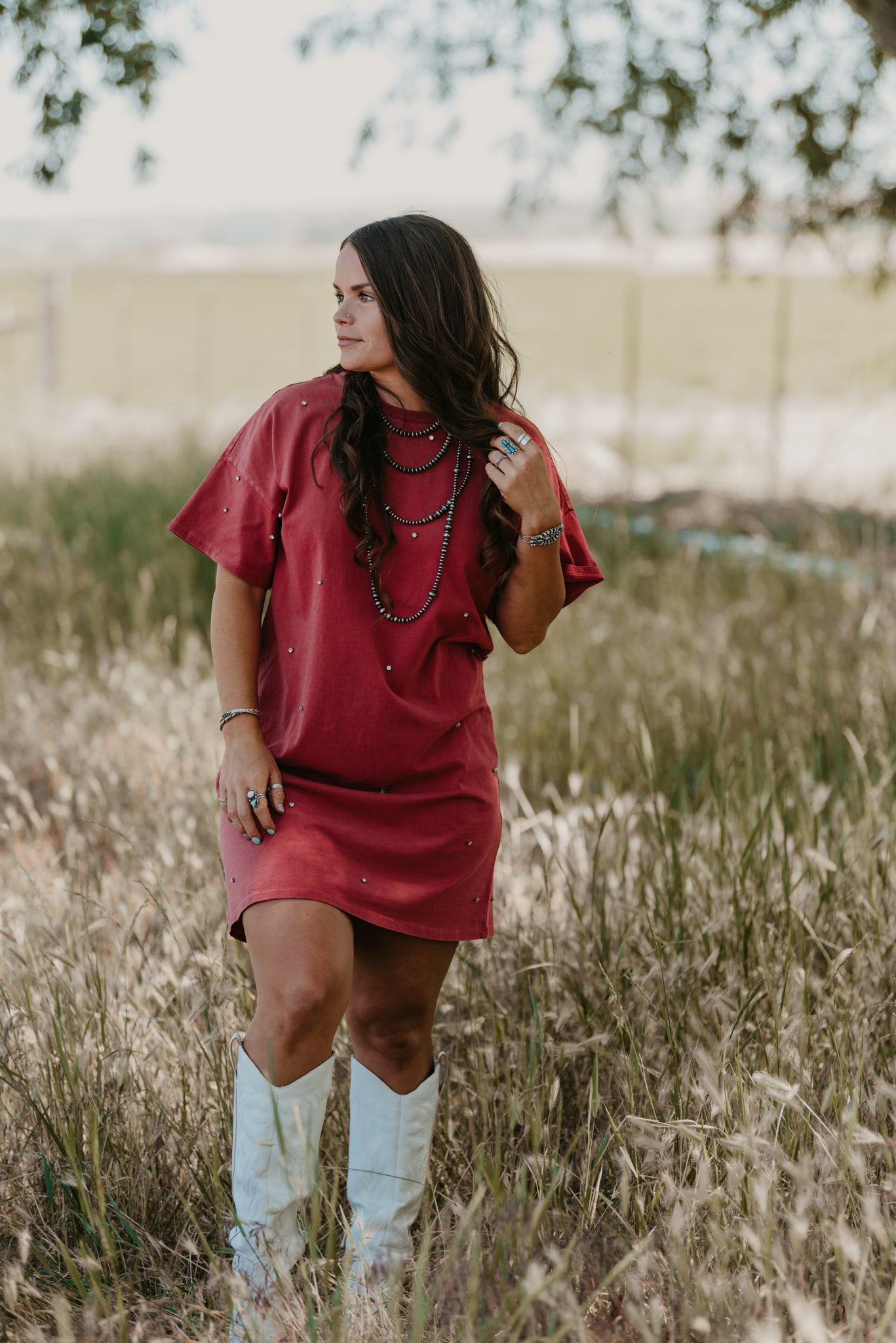 Rhinestone Cowboy T-Shirt Dress - Red