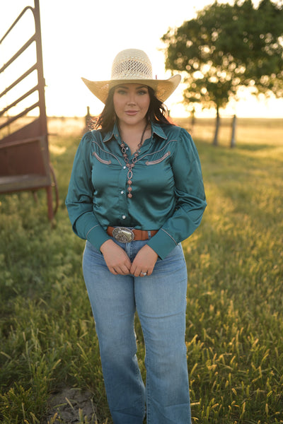 Western Satin Dreams Blouse - Teal