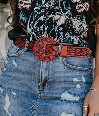 The Border Tooled Belt - Red