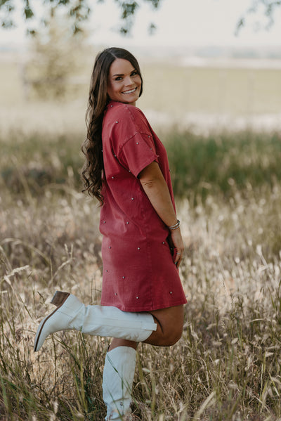 Rhinestone Cowboy T-Shirt Dress - Red