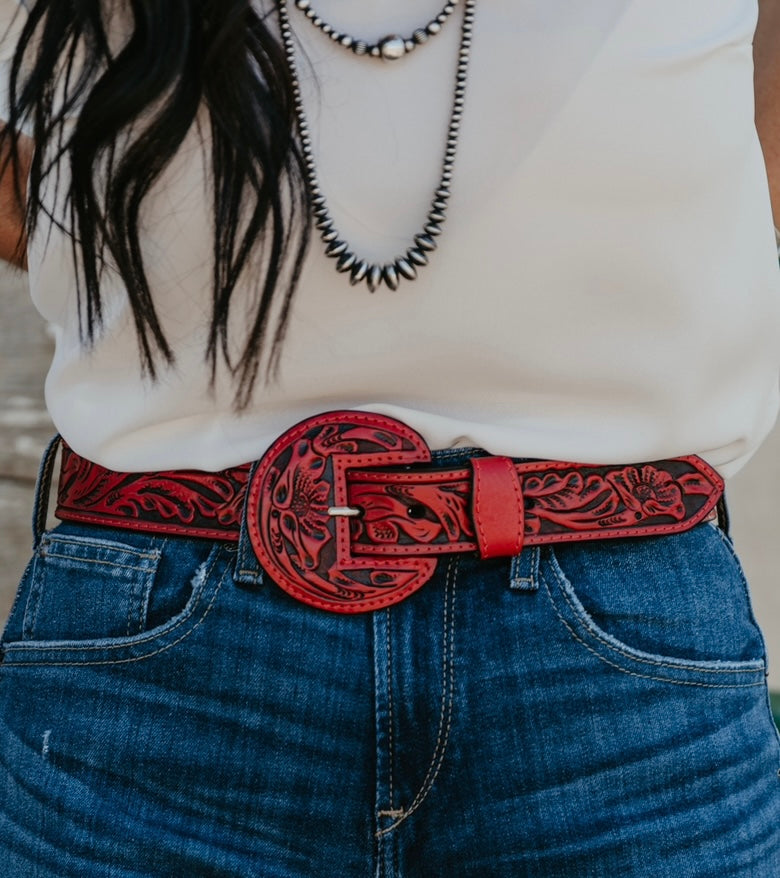 The Border Tooled Belt - Red