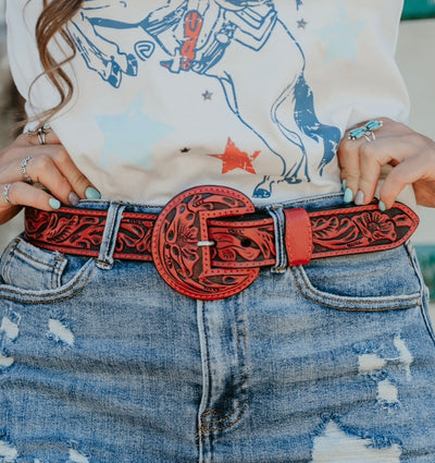 The Border Tooled Belt - Red