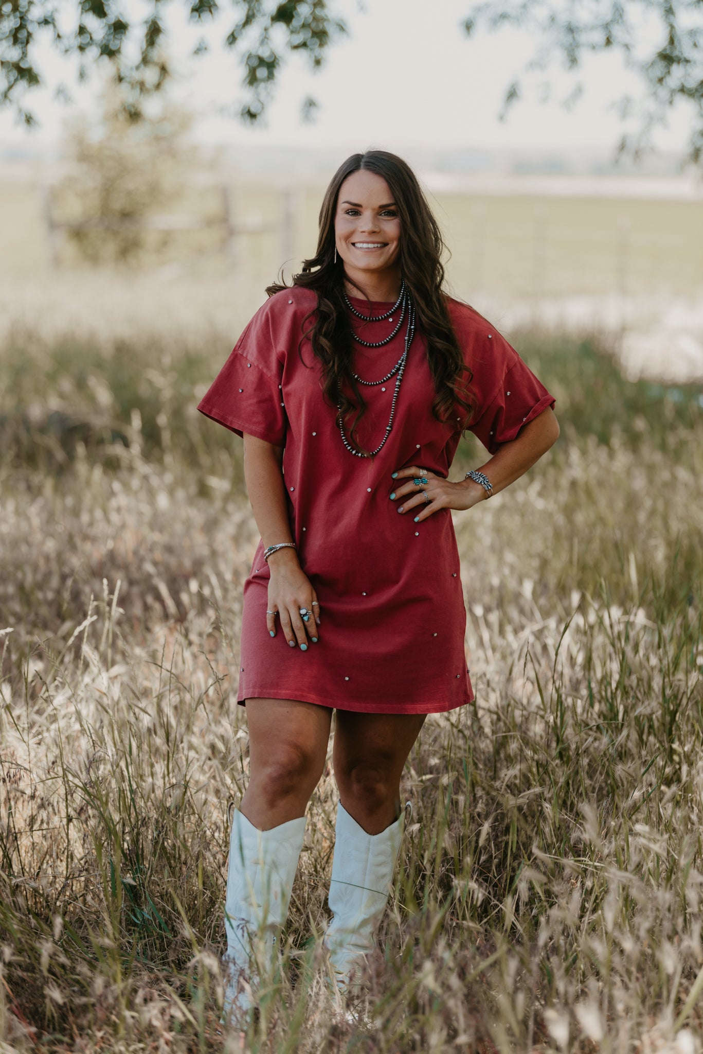 Rhinestone Cowboy T-Shirt Dress - Red