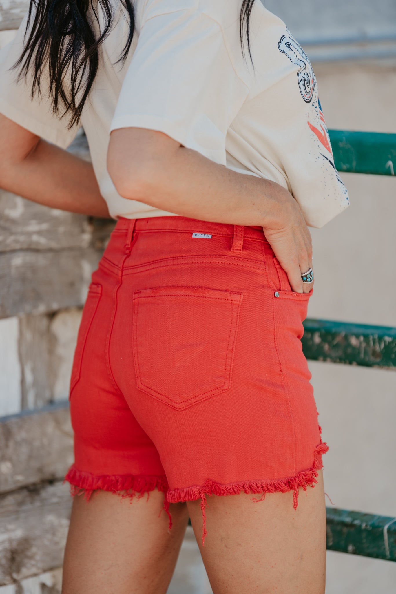 The Fiesta Red Distressed Denim Shorts