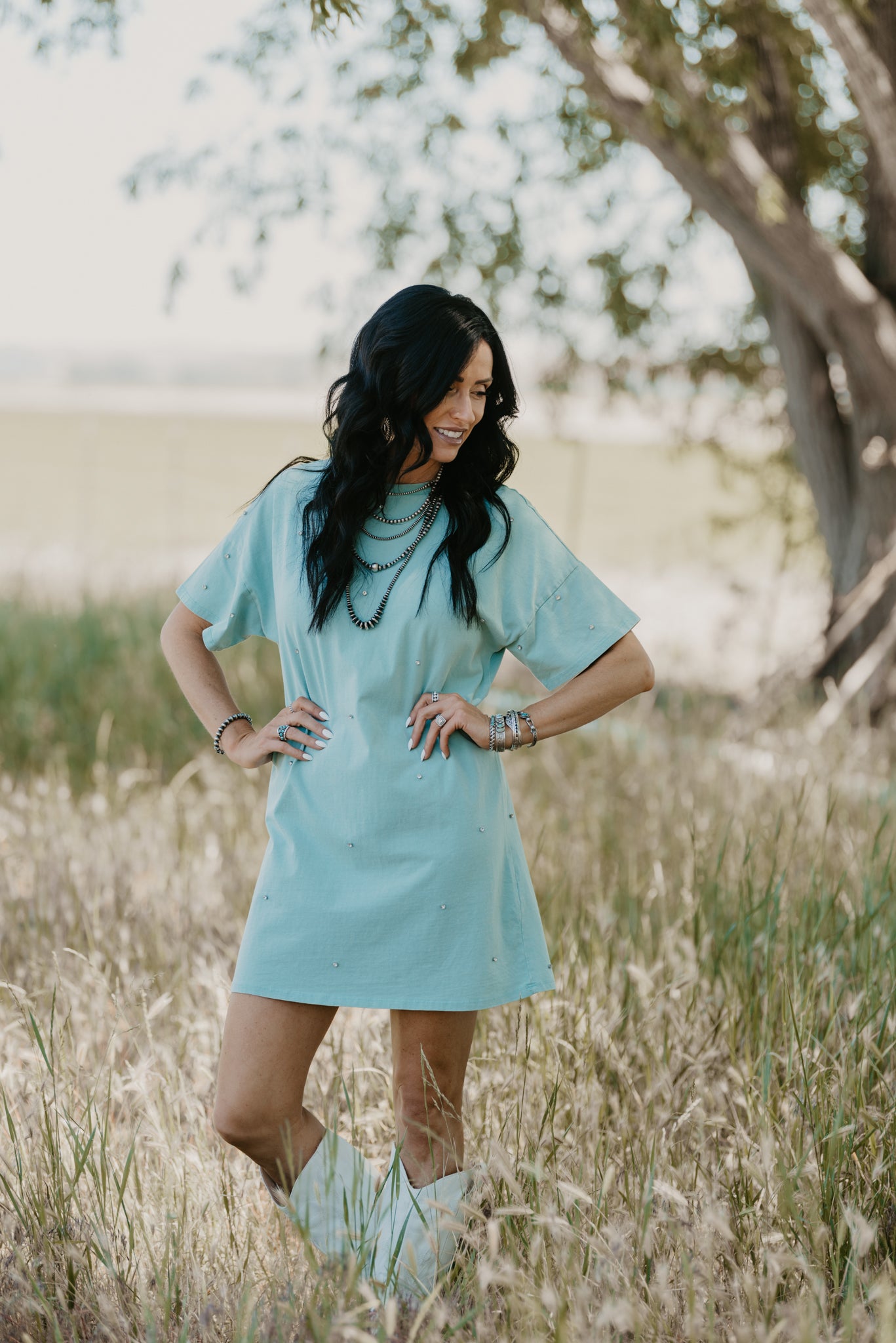 Rhinestone Cowboy T-Shirt Dress - Mint