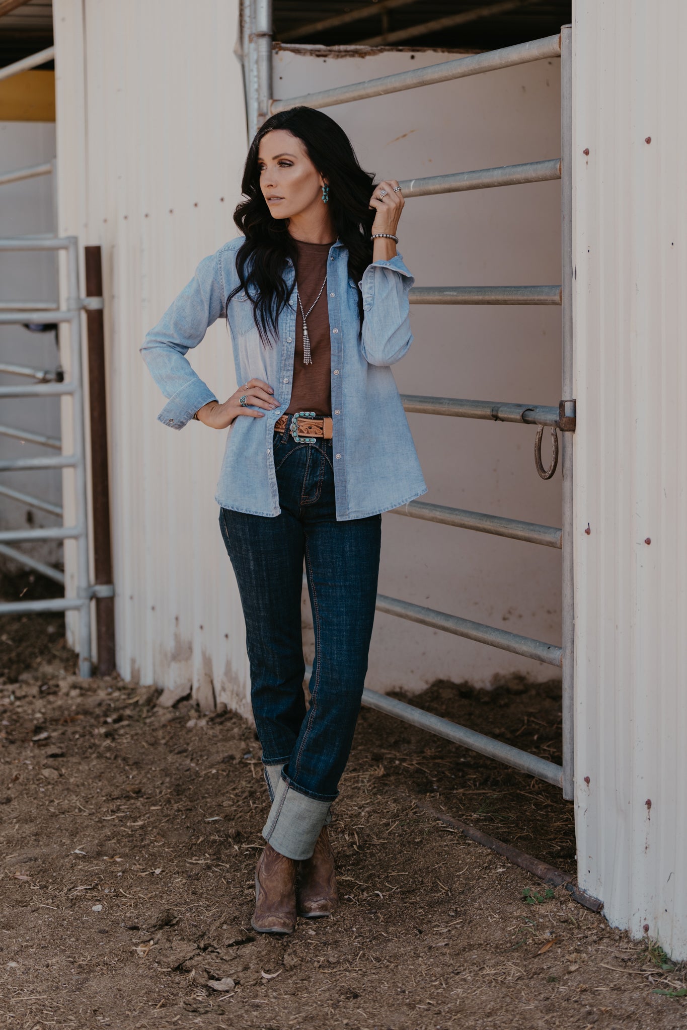 Polly Leather Patch Denim Top - Brown