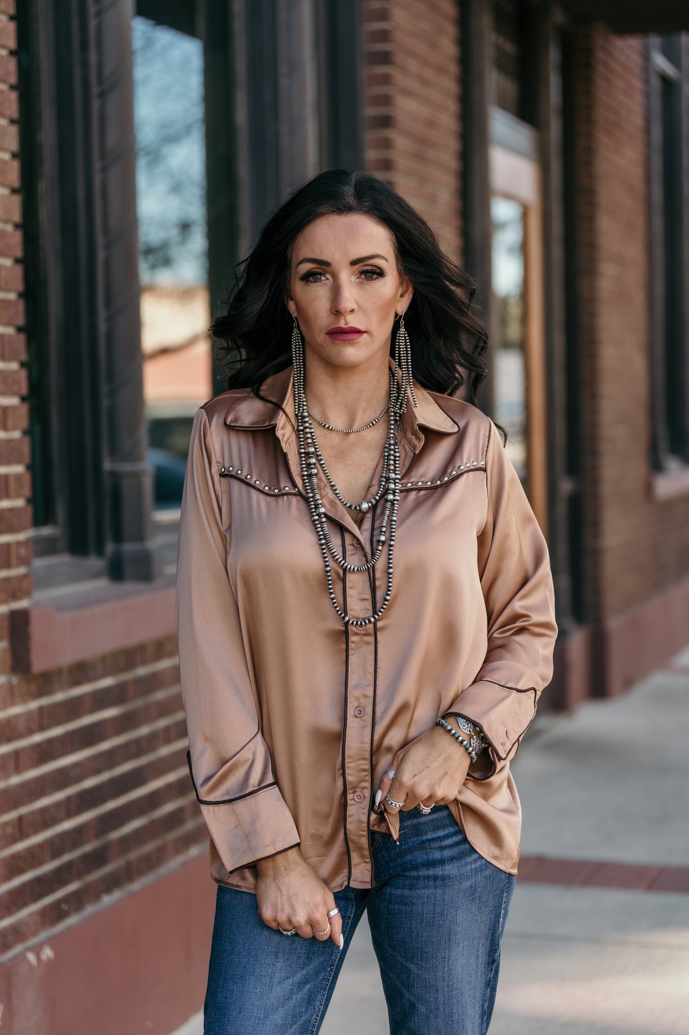 The Halsey Studded Blouse - Tan