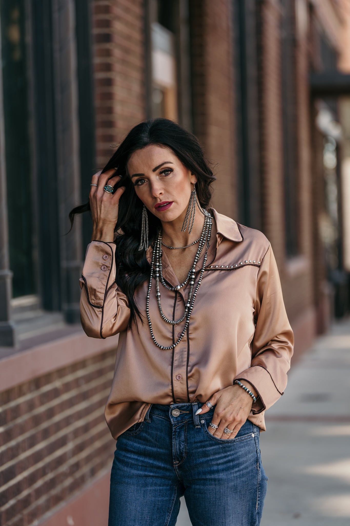 The Halsey Studded Blouse - Tan