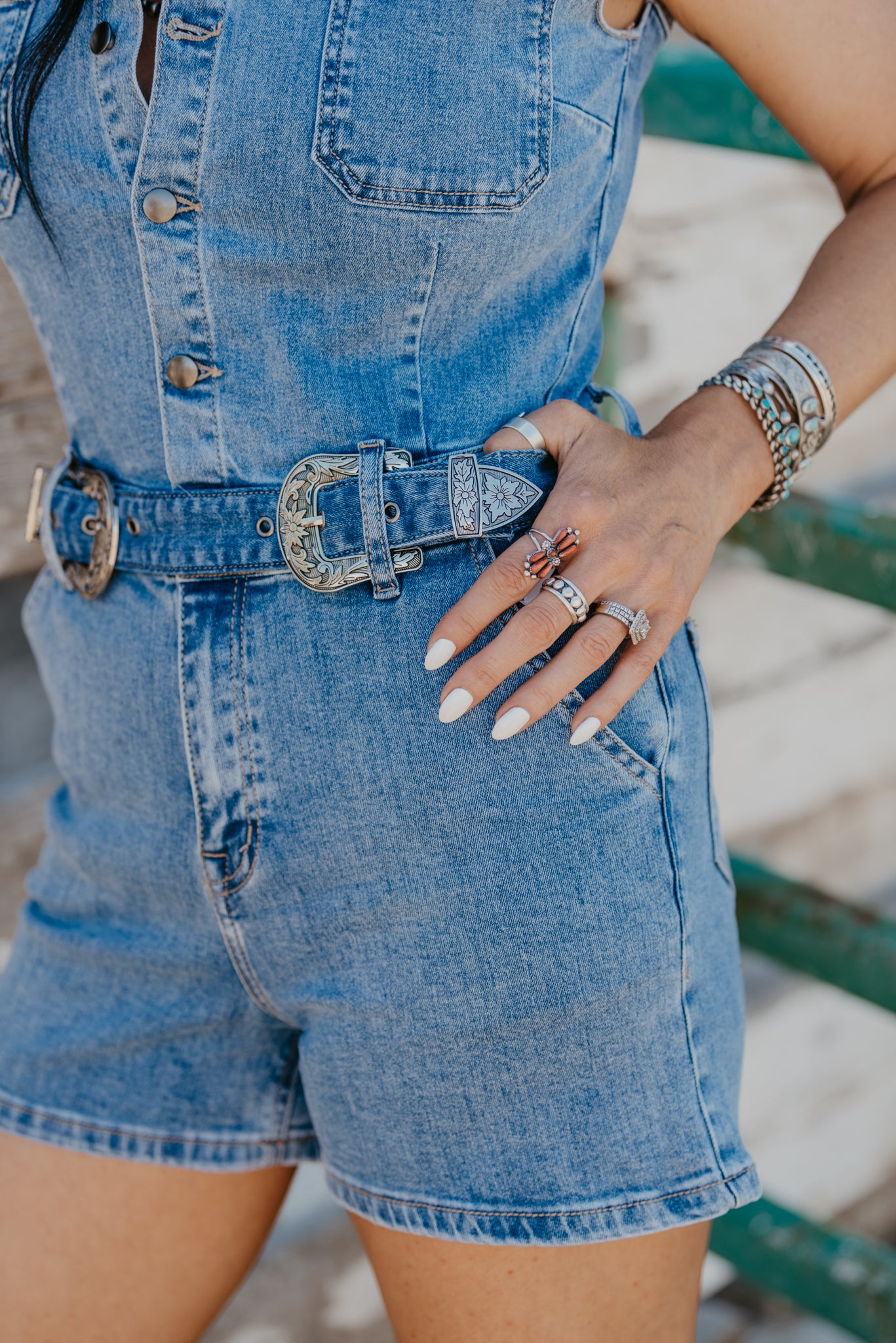 Denim Darlene Buckle Romper