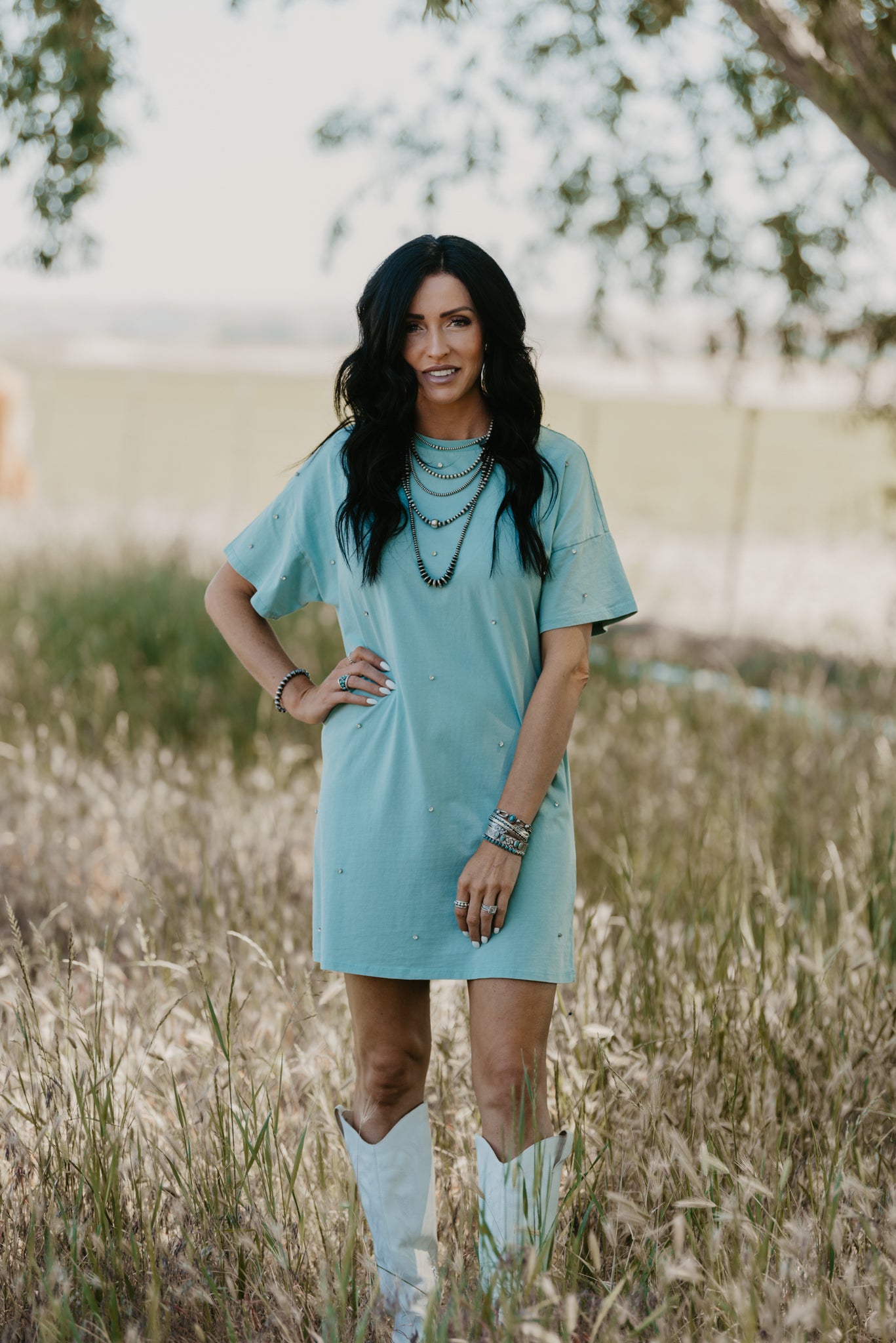 Rhinestone Cowboy T-Shirt Dress - Mint