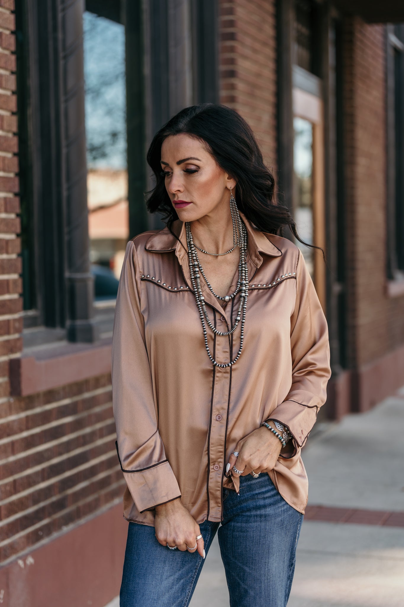 The Halsey Studded Blouse - Tan