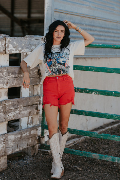 The Fiesta Red Distressed Denim Shorts