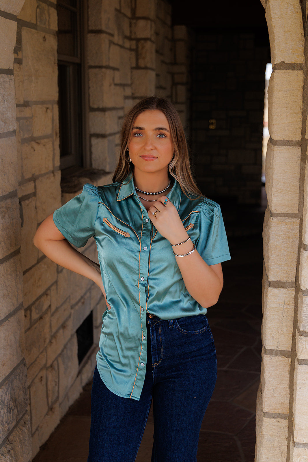 Deep Satin Blouse - Aqua Teal