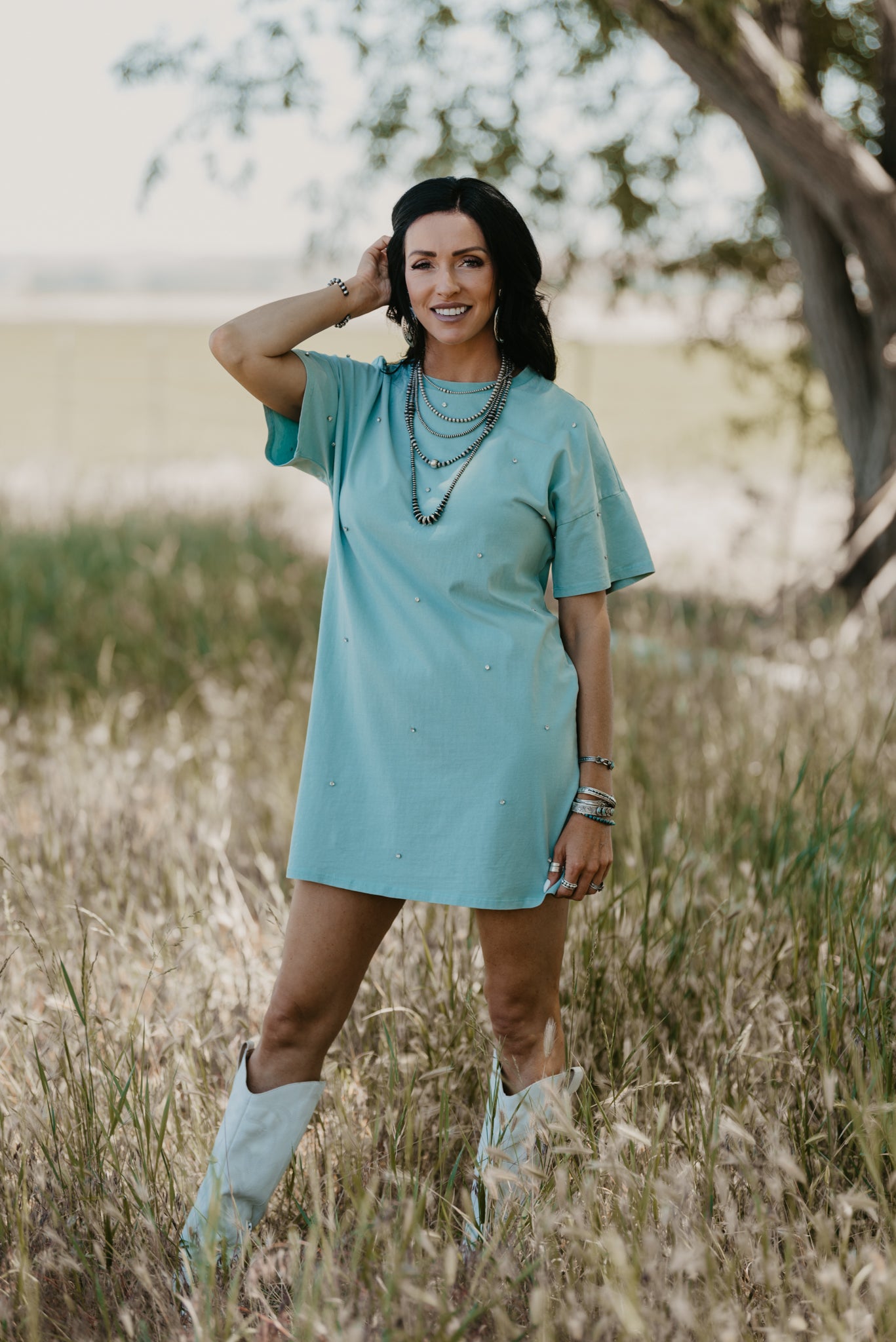 Rhinestone Cowboy T-Shirt Dress - Mint