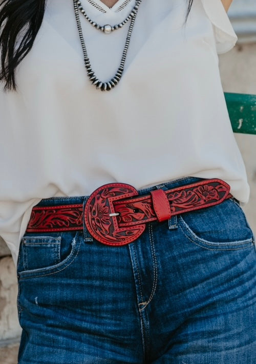 The Border Tooled Belt - Red