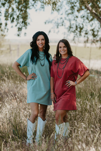 Rhinestone Cowboy T-Shirt Dress - Red