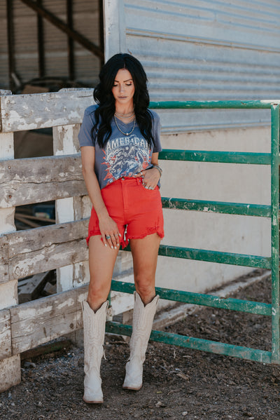 The Fiesta Red Distressed Denim Shorts