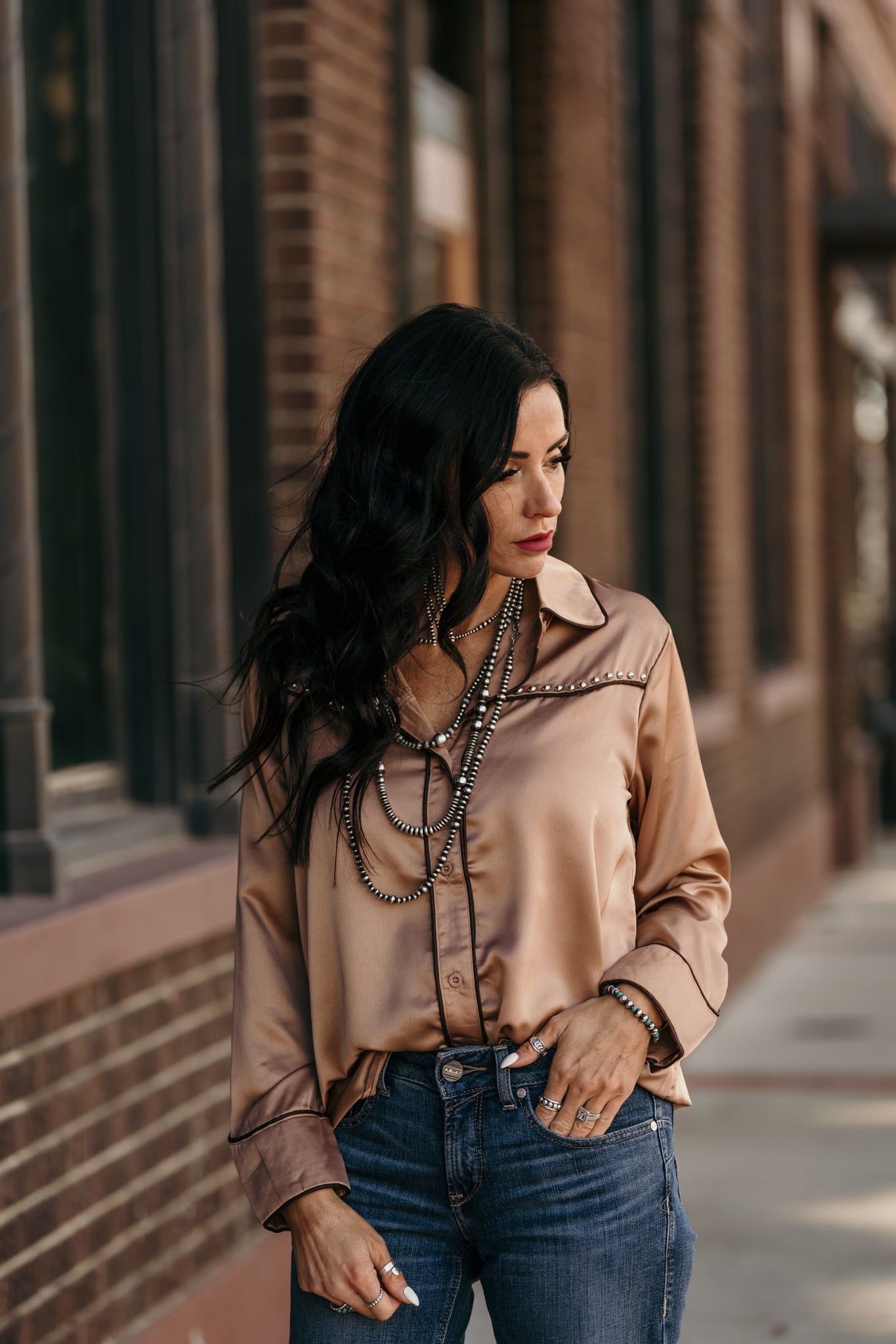 The Halsey Studded Blouse - Tan