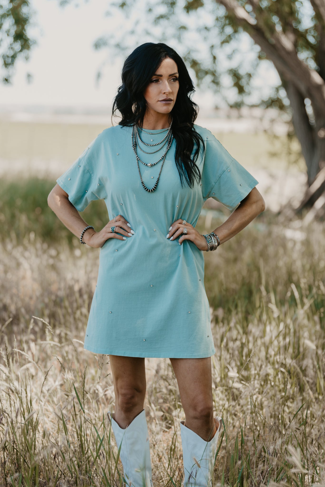 Rhinestone Cowboy T-Shirt Dress - Mint