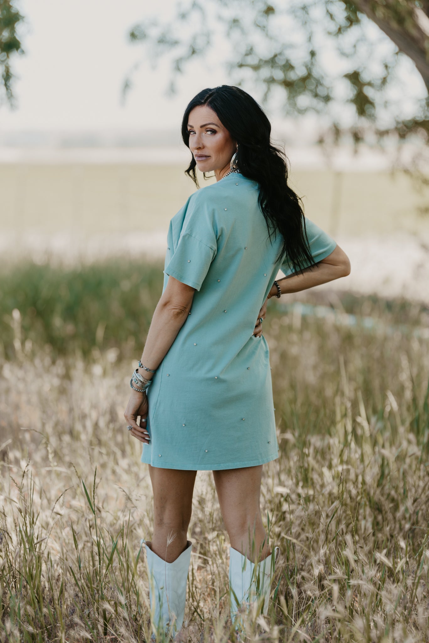 Rhinestone Cowboy T-Shirt Dress - Mint